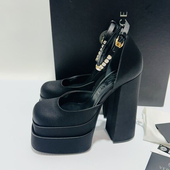 Versace Aevitas Platform Pumps EU 39/ US 9 Black Satin Shoe Crystal NIB $1,575 - Picture 9 of 16